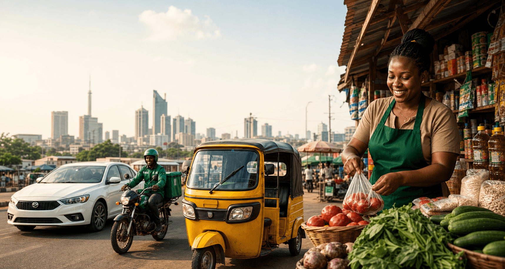 Nigerian trader, yellow keke, car, and delivery rider in a city market
