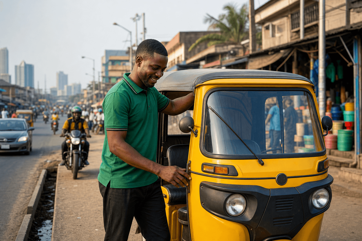 Nigerian keke operator standing beside a yellow tricycle